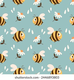 Seamless pattern with cute bee and chamomile flowers on a pastel background. Vector