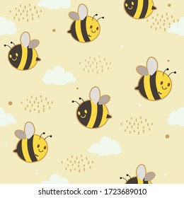 The seamless pattern of cute bee with cloud and dot on the yellow background in flat vector style. illustation for background, banner.