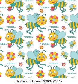 Seamless pattern with cute bee collecting honey. Funny cartoon characters. Background for fabrics, textiles, wallpaper, paper. Decoration of baby room, children's clothes, books. Vector illustration