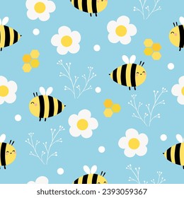 Seamless pattern with cute bee, daisy floral, honeycomb on light blue background for your fabric, children textile, apparel, nursery decoration, gift wrap paper, kids bedding. Vector illustration