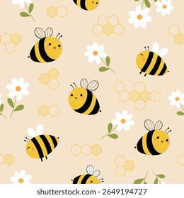 Padrão sem costura com abelha bonito e flor no fundo laranja claro para o seu tecido, crianças têxteis, vestuário, decoração de berçário, papel de embrulho presente, roupas de cama das crianças. Ilustração vetorial