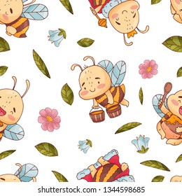 Seamless pattern with cute bee, flowers and hunny isolate on a white background.