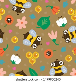 Seamless pattern with cute bee, honey and flowers. Vector illustration, eps 10