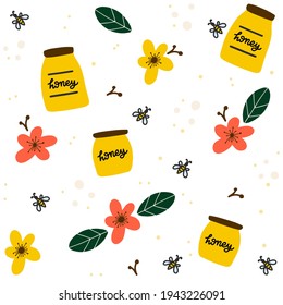 The seamless pattern of cute bee with honey jar and bee in flat vector style. Illustration for background, banner, package, wrapping paper, textile