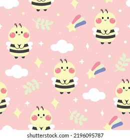 Seamless pattern of cute bee on pink background.Sky,rainbow,star,leaf hand drawn.