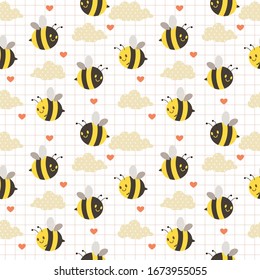 The seamless pattern of cute bee and 
polka dot cloud and heart in flat vector style. illustation for background