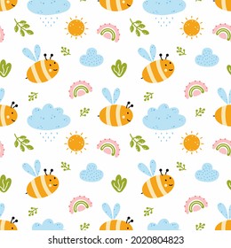 Seamless pattern with cute bee for sewing children clothes. Background in nursery with clouds and rainbow. Printing on textiles.