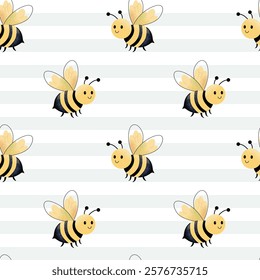 Seamless pattern with cute bee. Spring summer backgrounds. Insect pattern hand drawn.