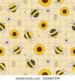 The seamless pattern of cute bee and sunflower and white flower in flat vector style. Illustration about bee and sunflower for banner, sticker label and greeting card