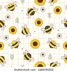 El patrón impecable de abeja y girasol y flor blanca en el fondo blanco. El carácter de la abeja y el girasol adorables y la flor blanca. El carácter de las abejas lindas en estilo vectorial plano.