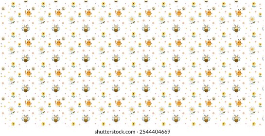 Seamless pattern with cute bee, sunflower, cloud on white background