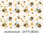 Seamless pattern with cute bees and beehive honeycomb. Bee honeycombe background. Hand drawn honey templates. Kids fabric design. Summer illustration. Cute childish print. Vector illustration.