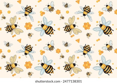 Seamless pattern with cute bees and beehive honeycomb. Bee honeycombe background. Hand drawn honey templates. Kids fabric design. Summer illustration. Cute childish print. Vector illustration.