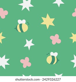 Seamless pattern with cute bees and botanical elements. Abstract cute background.