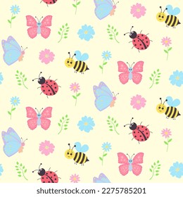 Seamless pattern with cute bees, butterflies, ladybugs, flowers and twigs. Cute pastel digital paper.