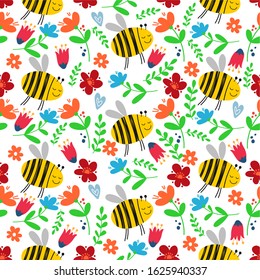 seamless pattern, cute bees, flowers and hearts, gift wrapping, fabric ornament