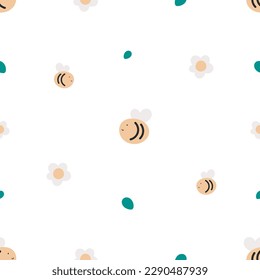 Seamless pattern with cute bees and flowers. For card, posters, banners, books, printing on the pack, clothes, fabric, wallpaper, textile or dishes.
