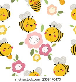 Seamless pattern with cute bees and flowers. Print for fabric, things, vector.