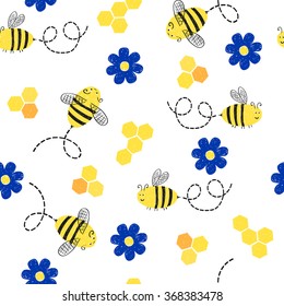 Seamless pattern with cute bees and flowers. 