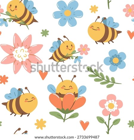 Seamless pattern with cute bees and flowers in pastel colors. Ideal for kids textiles, wrapping paper, wallpapers and playful backgrounds.