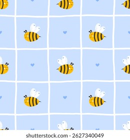 Seamless pattern of cute bees and hearts in a kawaii style with a checkered background. Perfect for Valentine Day-themed textiles, nursery decor, and kids clothing