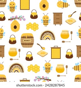 seamless pattern of cute bees, honey in jar, hive, honey spoon and toast, barrel, rainbow and honeycomb, trendy vector illustration, cartoon style, flat design