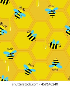 Seamless pattern with cute bees and honey. Vector illustration
