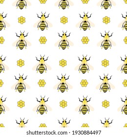 Seamless pattern with cute bees and honeycombs in the shape of a flower. For printing on fabrics, paper, textiles, decorative pillows.  Vector graphics.