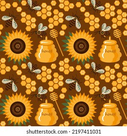 seamless pattern with cute bees, honeycombs and honey