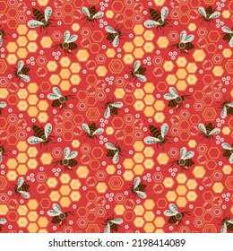 seamless pattern with cute bees and honeycombs, honey and flowers