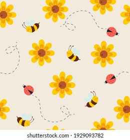 Seamless pattern with cute bees, ladybug, and flowers