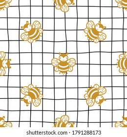 Seamless pattern with cute bees on a checkered background. Vector illustration.