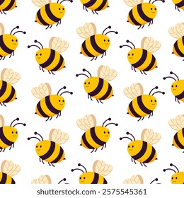 Seamless pattern with cute bees on white background. Vector illustration.