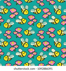 Seamless pattern with cute bees and pink flowers on a blue background.