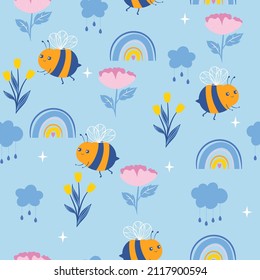 Seamless pattern with cute bees, rainbows, clouds, flowers. Vector graphics.
