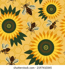 seamless pattern with cute bees and sunflowers