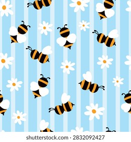 Seamless pattern with cute bees and white daisy flowers on blue stripes.