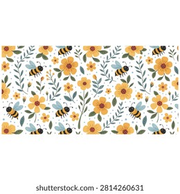 Seamless pattern with cute bees and yellow spring flowers