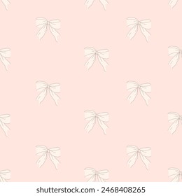 Seamless pattern with cute  beige bows. Trendy hair braiding accessory. Hand drawn vector illustration.