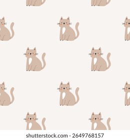 Seamless pattern with cute beige cats on light background. Minimalist and cozy design perfect for baby textiles, nursery decor, kids apparel, and wrapping paper.