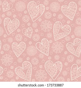 Seamless pattern with cute beige contour hearts and flowers on pink. Vector background.