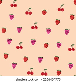 Seamless pattern, cute berries with eyes and smiles. Beige background. Colorful pattern for kids