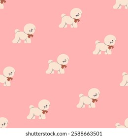 Seamless pattern, cute Bichon Frise, baby puppy with bow collar. Toy dog, repeating print, endless canine pet background, texture design for textile, fabric, wrapping. Flat vector illustration