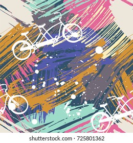 Seamless pattern with cute bicycles tandem on abstract watercolor stains, paint brushes freehand strokes