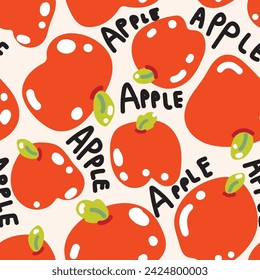 Seamless pattern of cute big apple with text on background.Fruit hand drawn cartoon.Image for card,poster,clothing print screen.Kawaii.Vector.Illustration.