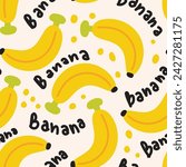Seamless pattern of cute big banana fruit with text background.Summer fruit.Cartoon hand drawn.Image for card,poster,baby clothing.Kawaii.Vector.illustration.