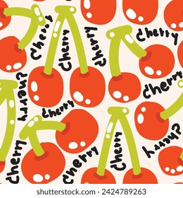 Seamless pattern of cute big cherry background.Fruit hand drawn cartoon.Image for card,poster,clothing print screen.Kawaii.Vector.Illustration.
