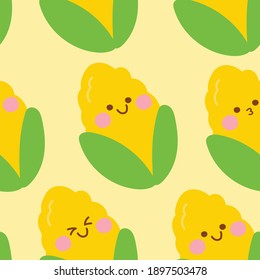 Seamless pattern of cute big corn smile face on yellow background.Catoon character design.Vegtable hand drawn.Wallpaper.Banner.Paper gift.Kid graphic.Kawaii.Vector.Illustration.