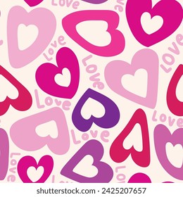 Seamless pattern of cute big heart with love text on pastel background.Valentines day.Cartoon hand drawn.Image for card,poster,baby clothing,married.Kawaii.Vector.Illustration.