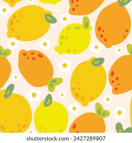 Seamless pattern of cute big lemon fruit with flower background.Summer fruit.Cartoon hand drawn.Image for card,poster,baby clothing.Nature.Kawaii.Vector.illustration.